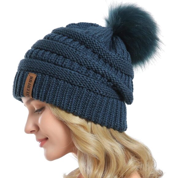 Women Dark Teal Soft Acrylic Thick Baggy Knit Winter Faux Fur Pompom Beanie - Picture 3 of 6